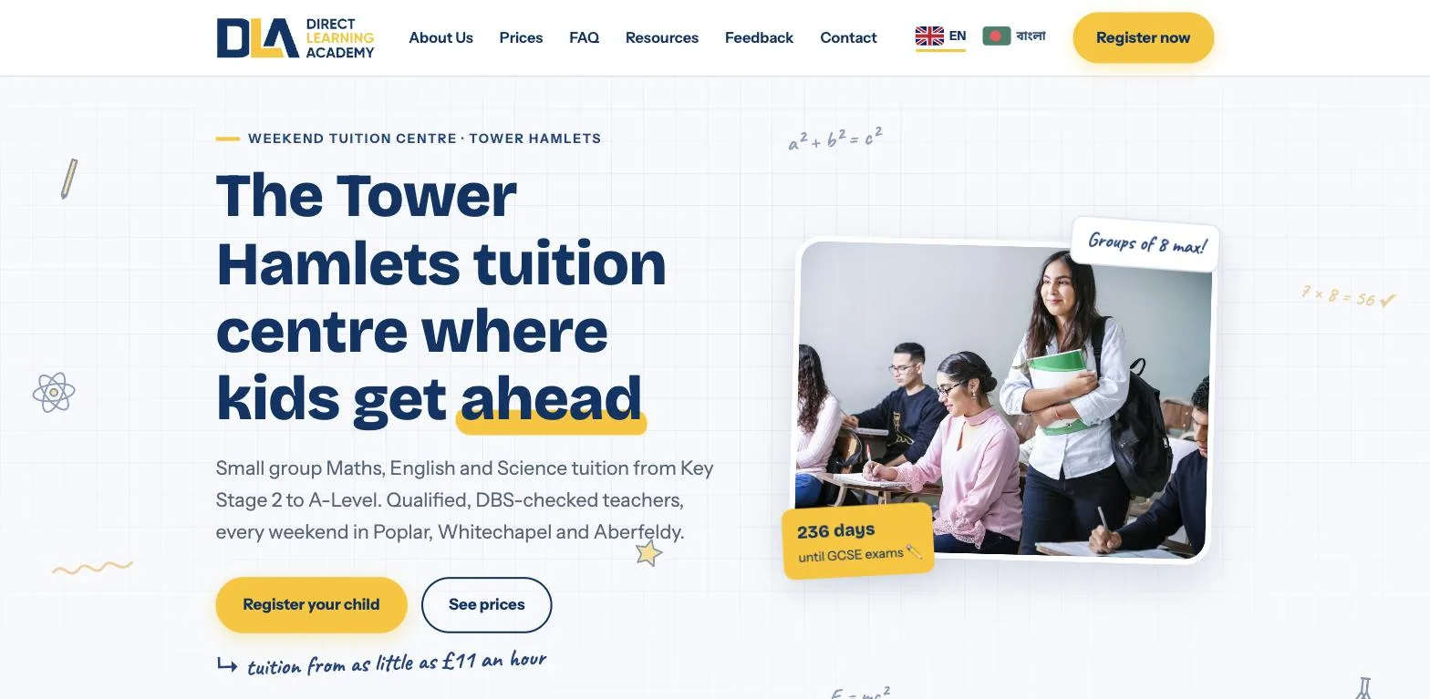 Direct Learning Academy homepage &mdash; weekend tuition centre in Tower Hamlets