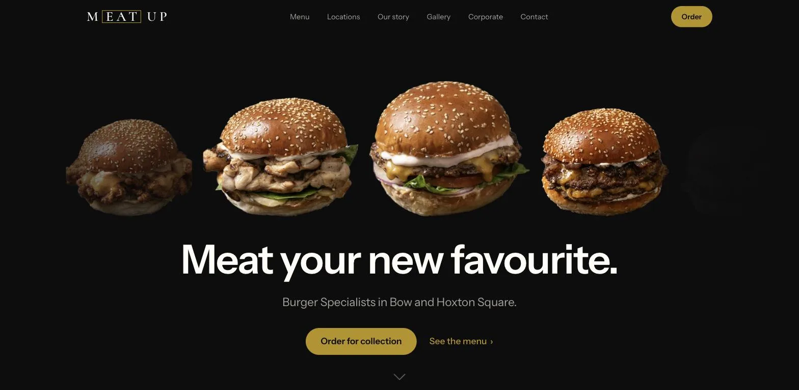 Meat Up homepage &mdash; burger restaurant in Bow and Hoxton Square, East London